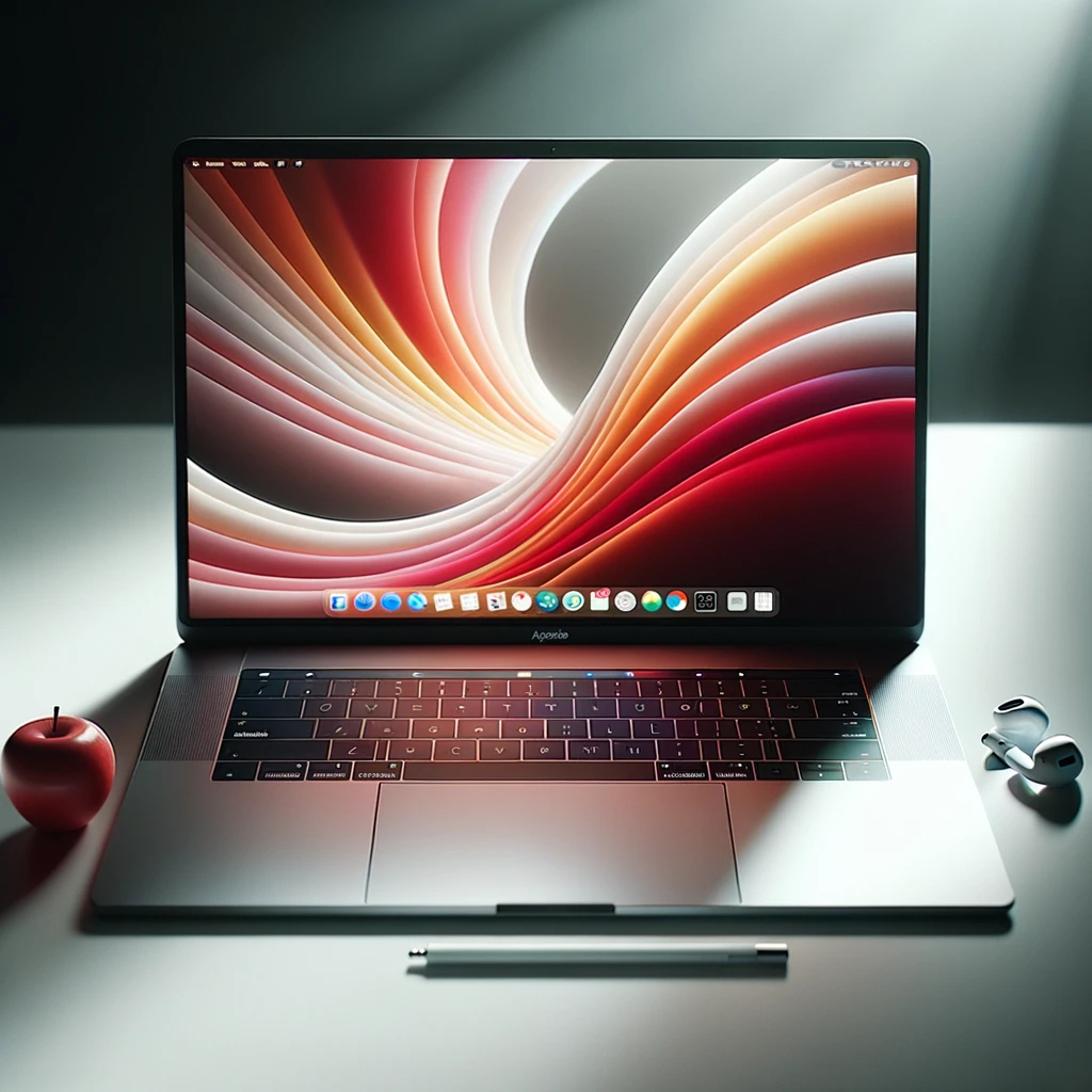 Photo of a contemporary laptop with an elegant and slim design, showcasing a bright and sharp display with a vibrant desktop wallpaper. The laptop is placed on a minimalist white desk with a pair of wireless earbuds nearby, indicating its multimedia capabilities. The brand logo 'Apple' is subtly visible on the lid of the laptop. Ambient lighting casts a soft glow on the device, making it stand out. The background has a slight bokeh effect, drawing attention to the laptop.