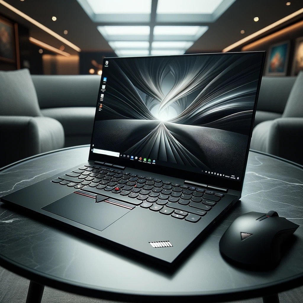 Photo of a high-end business laptop with a sophisticated matte black finish, displaying a sharp and clear screen with an intricate desktop background. The laptop is positioned on a modern glass table with a wireless mouse to its side, suggesting its professional use-case. The brand name 'Lenovo' and the series 'ThinkPad' are faintly noticeable on the exterior of the laptop. Overhead lighting highlights the laptop's design, making it the centerpiece.