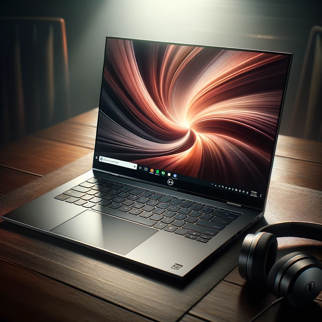 Photo of a sleek ultrabook with a metallic finish, showcasing a radiant and detailed display with an elegant desktop wallpaper. The laptop rests on a dark wooden table with a pair of headphones adjacent to it, hinting at its audio capabilities. The brand insignia 'Dell' and the model 'XPS' are subtly imprinted on the device. A gentle light source from the side accentuates the laptop's contours and design, making it the highlight. The backdrop has a soft blur effect, ensuring that the laptop remains the main attraction for a blog post.